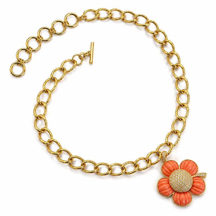 CARVED CORAL PAVÉ BLOOM TOGGLE NECKLACE