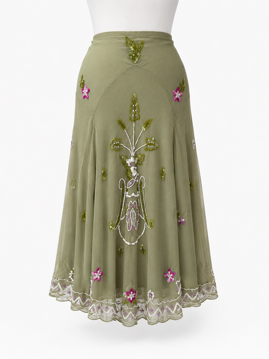 BEADED CHIFFON SKIRT SAGE