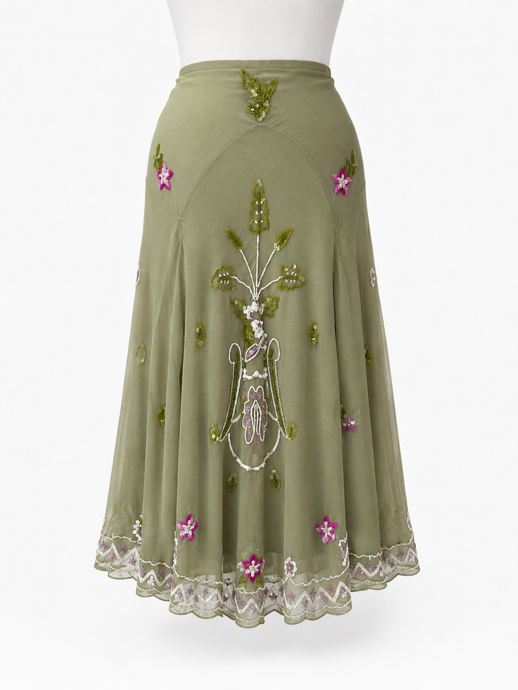 BEADED CHIFFON SKIRT SAGE