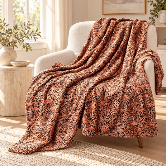 COZY DOUBLE FACED THROW BLANKET - LEOPARD LOTUS BLOSSOM