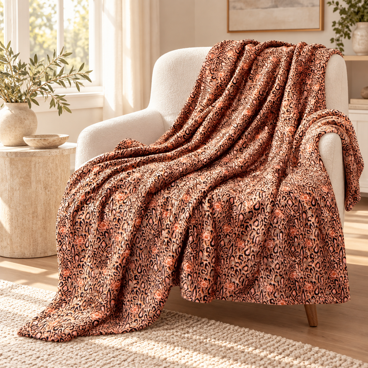 COZY DOUBLE FACED THROW BLANKET - LEOPARD LOTUS BLOSSOM