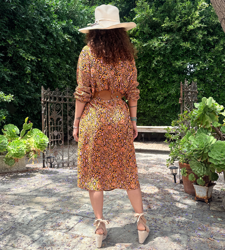 APRICOT LEOPARD LOTUS BLOSSOM SHIRT-DRESS