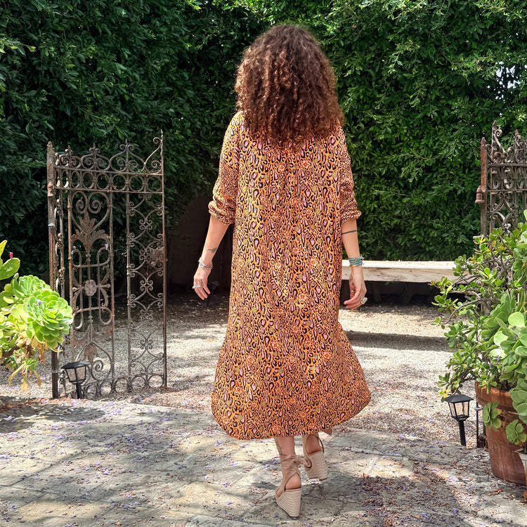 APRICOT LEOPARD LOTUS BLOSSOM SHIRT-DRESS