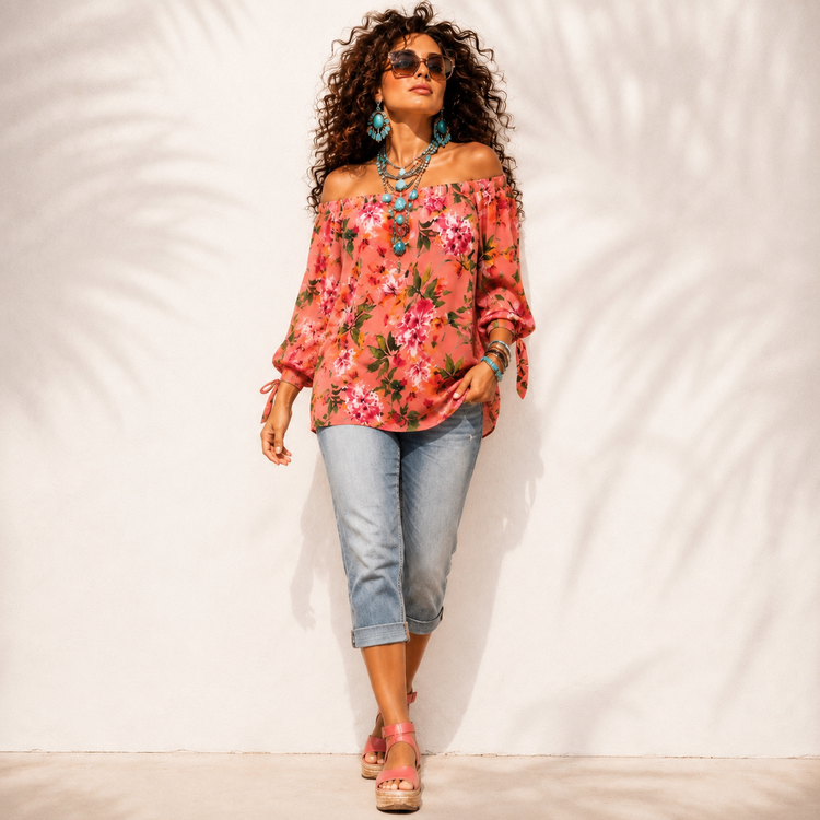 OFF SHOULDER TIE SLEEVE BLOUSE TROPICAL