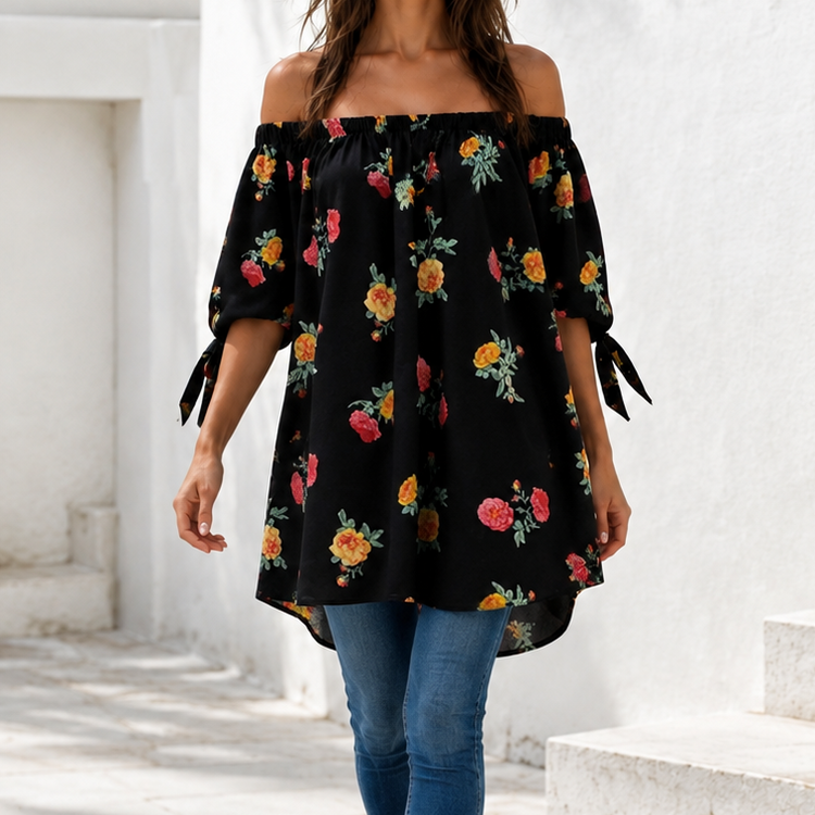 THE BLACK FLORAL OFF SHOULDER TOP