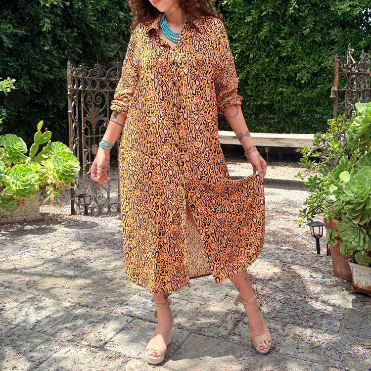 APRICOT LEOPARD LOTUS BLOSSOM SHIRT-DRESS