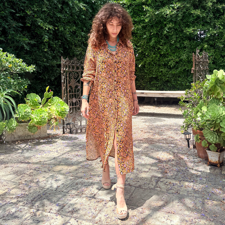 APRICOT LEOPARD LOTUS BLOSSOM SHIRT-DRESS