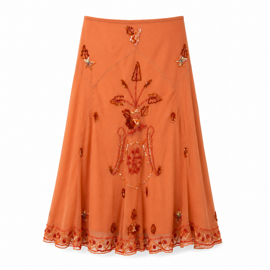 BEADED SILK CHIFFON SKIRT CORAL