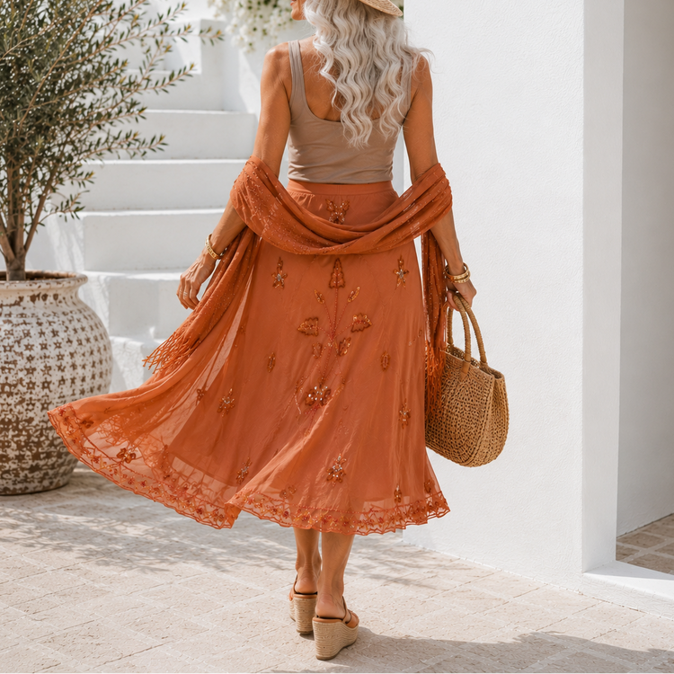 BEADED SILK CHIFFON SKIRT CORAL