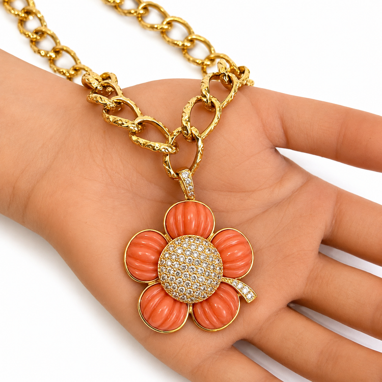 CARVED CORAL PAVÉ BLOOM TOGGLE NECKLACE