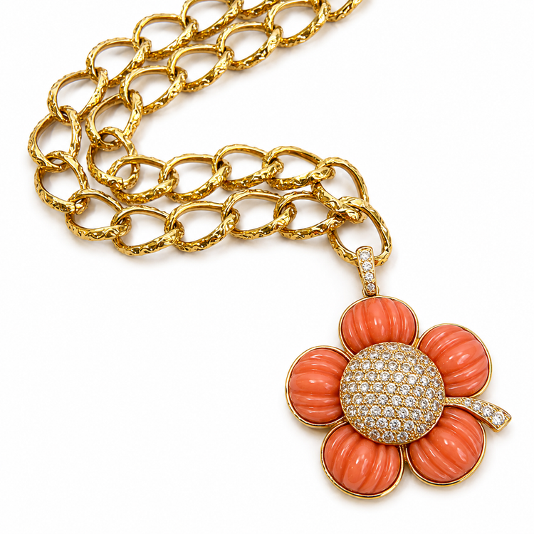 CARVED CORAL PAVÉ BLOOM TOGGLE NECKLACE