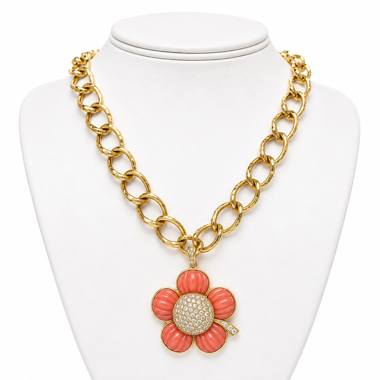 CARVED CORAL PAVÉ BLOOM TOGGLE NECKLACE
