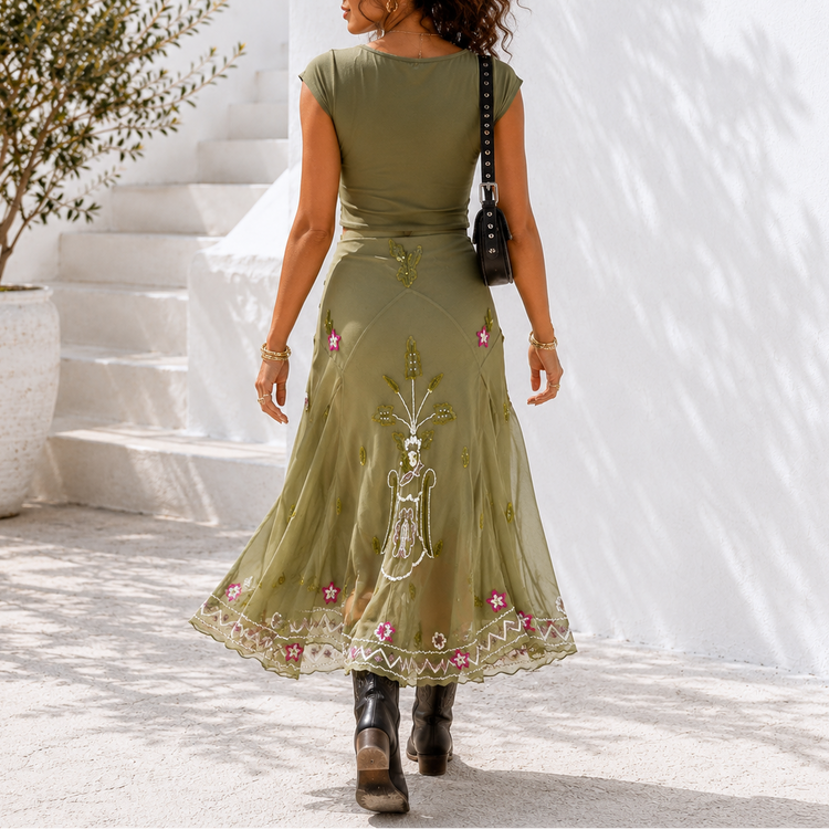 BEADED CHIFFON SKIRT SAGE