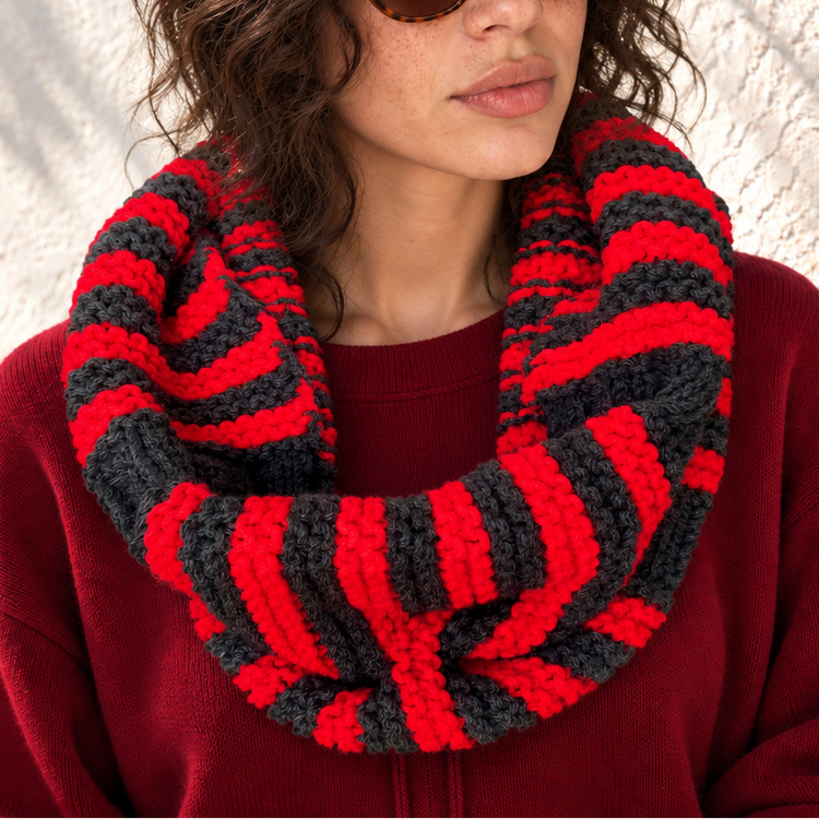 DAISY'S COZY HOOD SCARF - RED & GREY