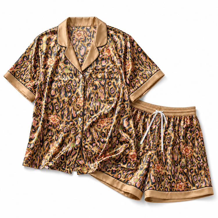 LEOPARD LOTUS BLOSSOM SATIN PAJAMA SET
