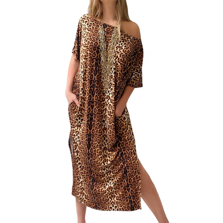 LEOPARD T SHIRT DRESS WITH POCKETS