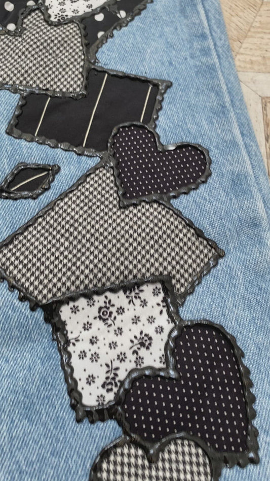 BLACK AND WHITE APPLIQUE HAND PAINTED JEANS