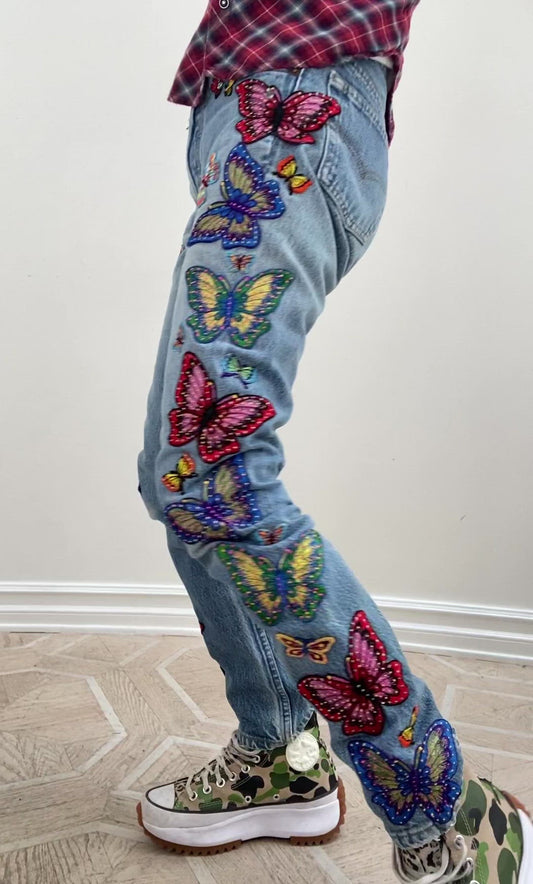 ZE BUTTERFLY HANDPAINTED AND APPLIQUÉD JEANS