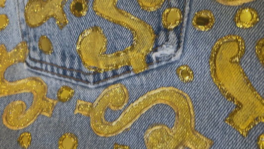 ZE GOLDEN MONEY SHORTS HANDPAINTED WITH HANDCUT APPLIQUÉD SEQUINS