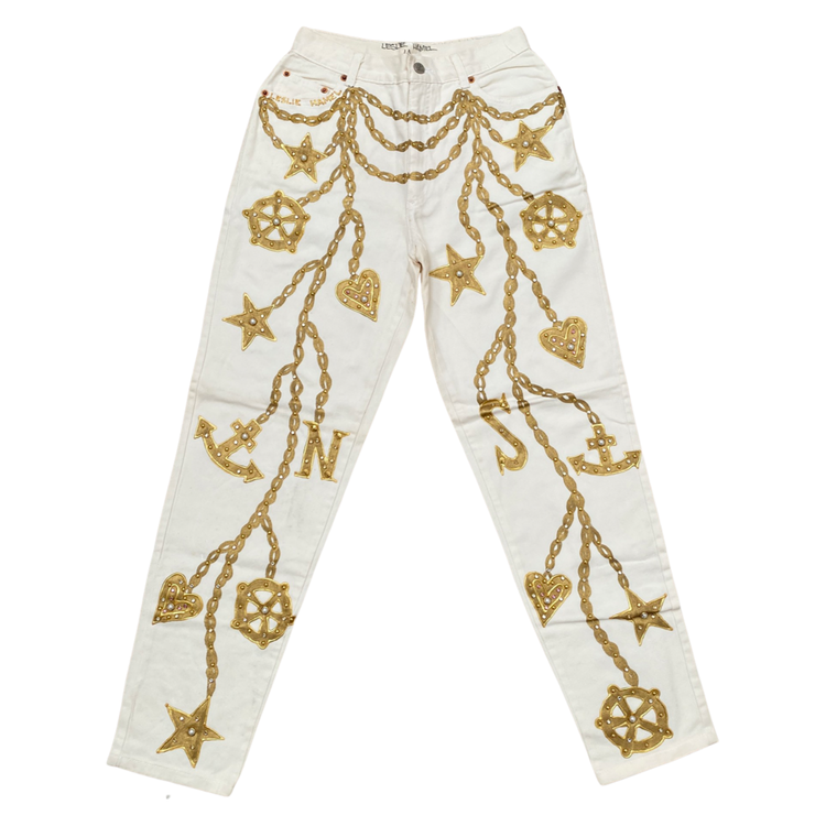 NAUTICAL MOTIF HAND PAINTED CRYSTAL EMBELLISHED WHITE DENIM HIGH WAISTED JEANS