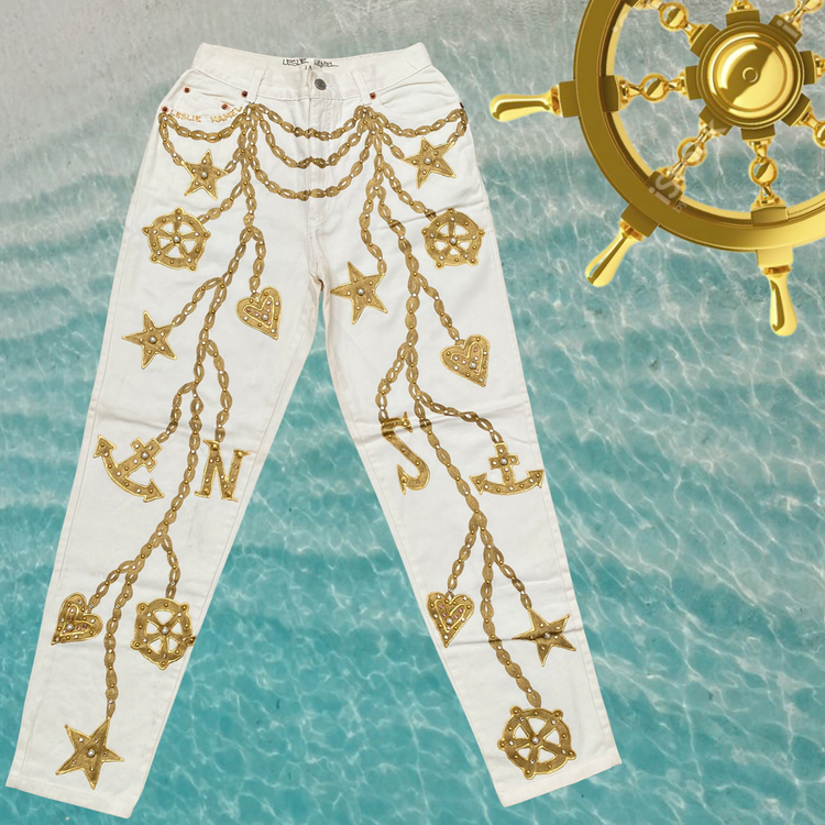 NAUTICAL MOTIF HAND PAINTED CRYSTAL EMBELLISHED WHITE DENIM HIGH WAISTED JEANS