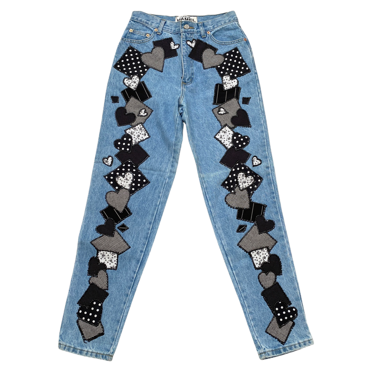 BLACK AND WHITE APPLIQUE HAND PAINTED JEANS