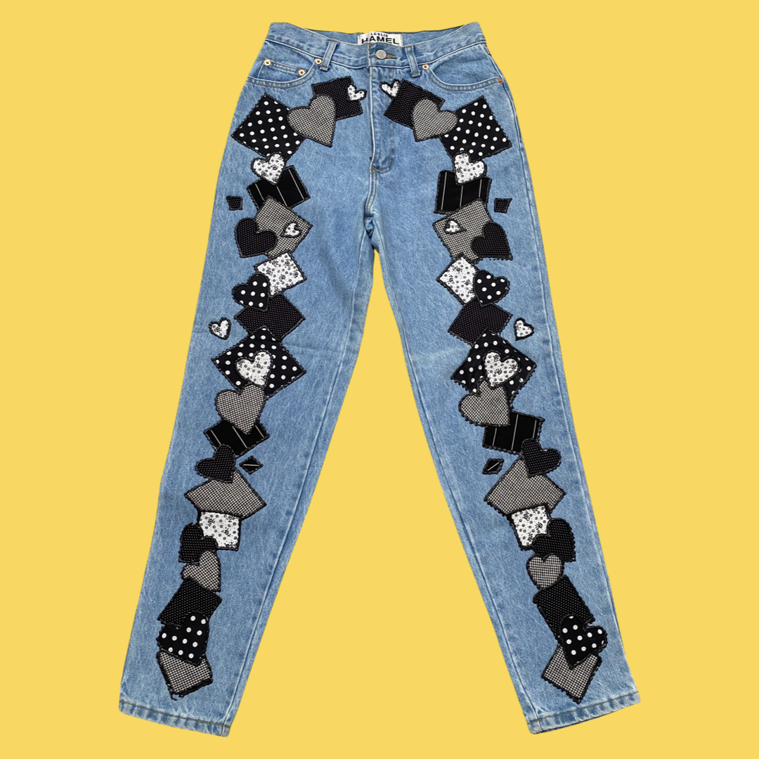 BLACK AND WHITE APPLIQUE HAND PAINTED JEANS