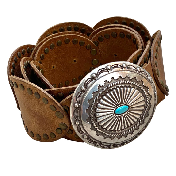 LEATHER CONCHA BUCKLE BELT WITH TURQUOISE CABOCHON