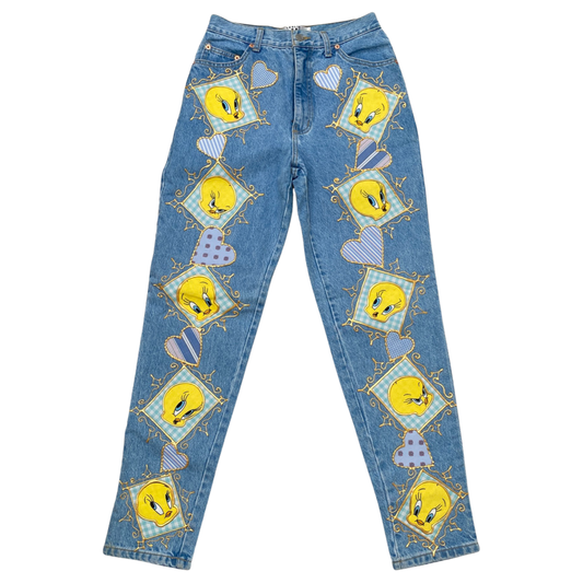 TWEETY BIRD HAND PAINTED & APPLIQUED HIGH WAISTED JEANS
