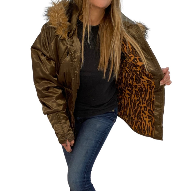 ARMY GREEN PUFFER JACKET WITH FAUX FUR HOOD