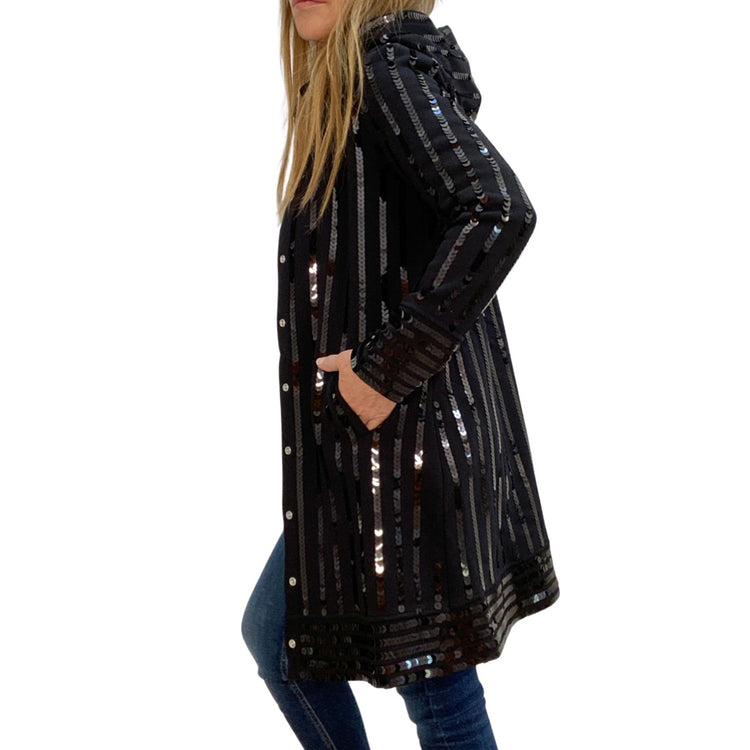 COZY SEQUIN SWEATSHIRT DUSTER WITH REMOVABLE HOOD