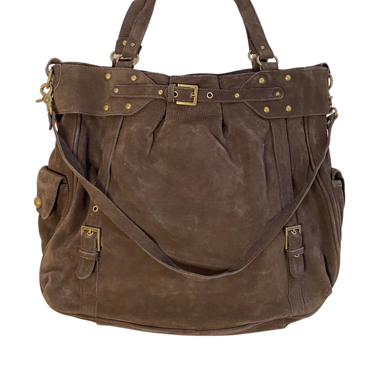 LARGE CHOCOLATE BROWN SUEDE TOTE BAG WITH TOP HANDLE & CROSS BODY STRAP