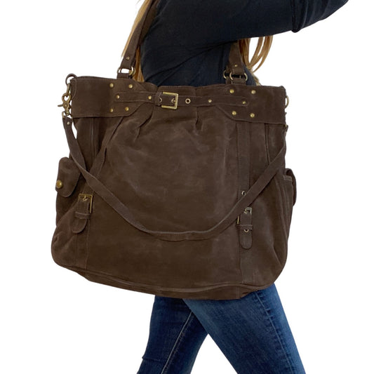 LARGE CHOCOLATE BROWN SUEDE TOTE BAG WITH TOP HANDLE & CROSS BODY STRAP