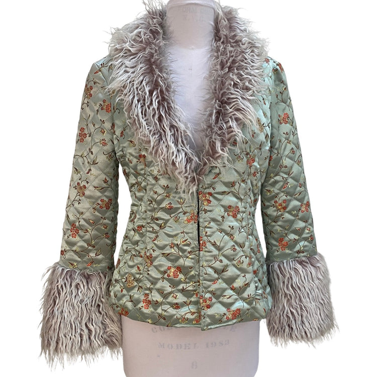 QUILTED SATIN JACKET WITH FAUX FUR COLLAR AND CUFFS