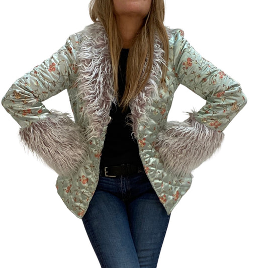 QUILTED SATIN JACKET WITH FAUX FUR COLLAR AND CUFFS