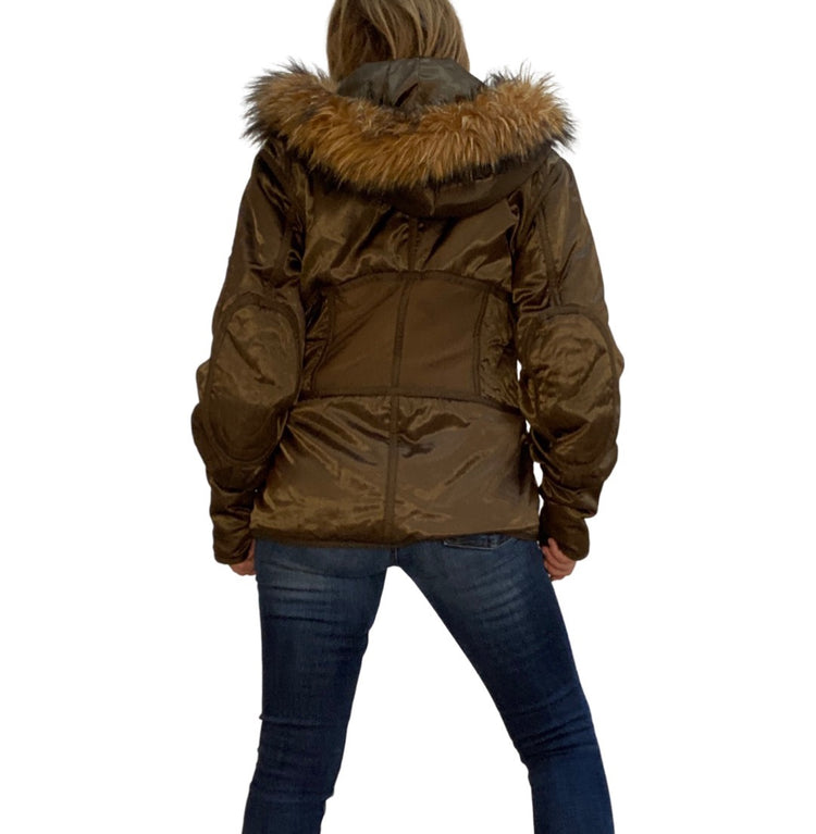 ARMY GREEN PUFFER JACKET WITH FAUX FUR HOOD
