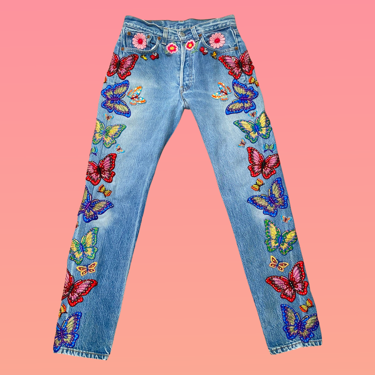 ZE BUTTERFLY HANDPAINTED AND APPLIQUÉD JEANS