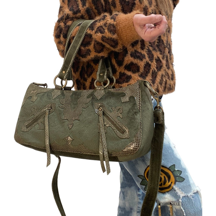 VELVET COWHIDE & SNAKESKIN APPLIQUE BAG WITH TOP HANDLE AND REMOVABLE CROSSBODY STRAP