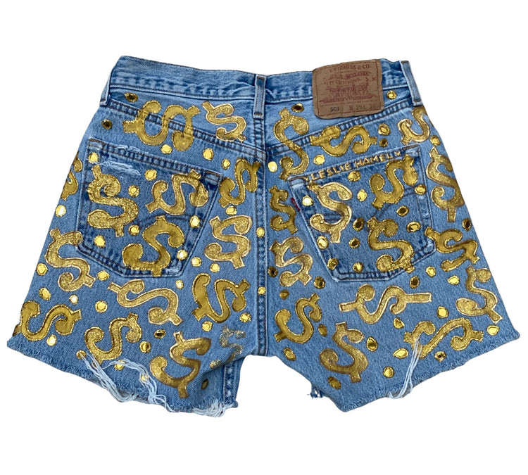 ZE GOLDEN MONEY SHORTS HANDPAINTED WITH HANDCUT APPLIQUÉD SEQUINS