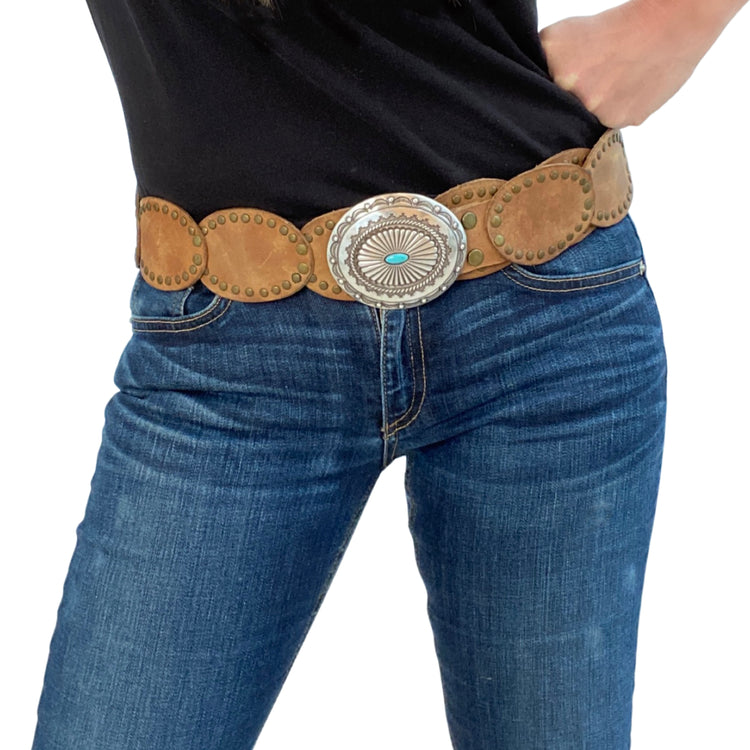 LEATHER CONCHA BUCKLE BELT WITH TURQUOISE CABOCHON
